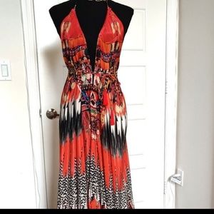 Shahida Parides 3 Ways to wear it Maxi dress Red, Black /White Feathers Print